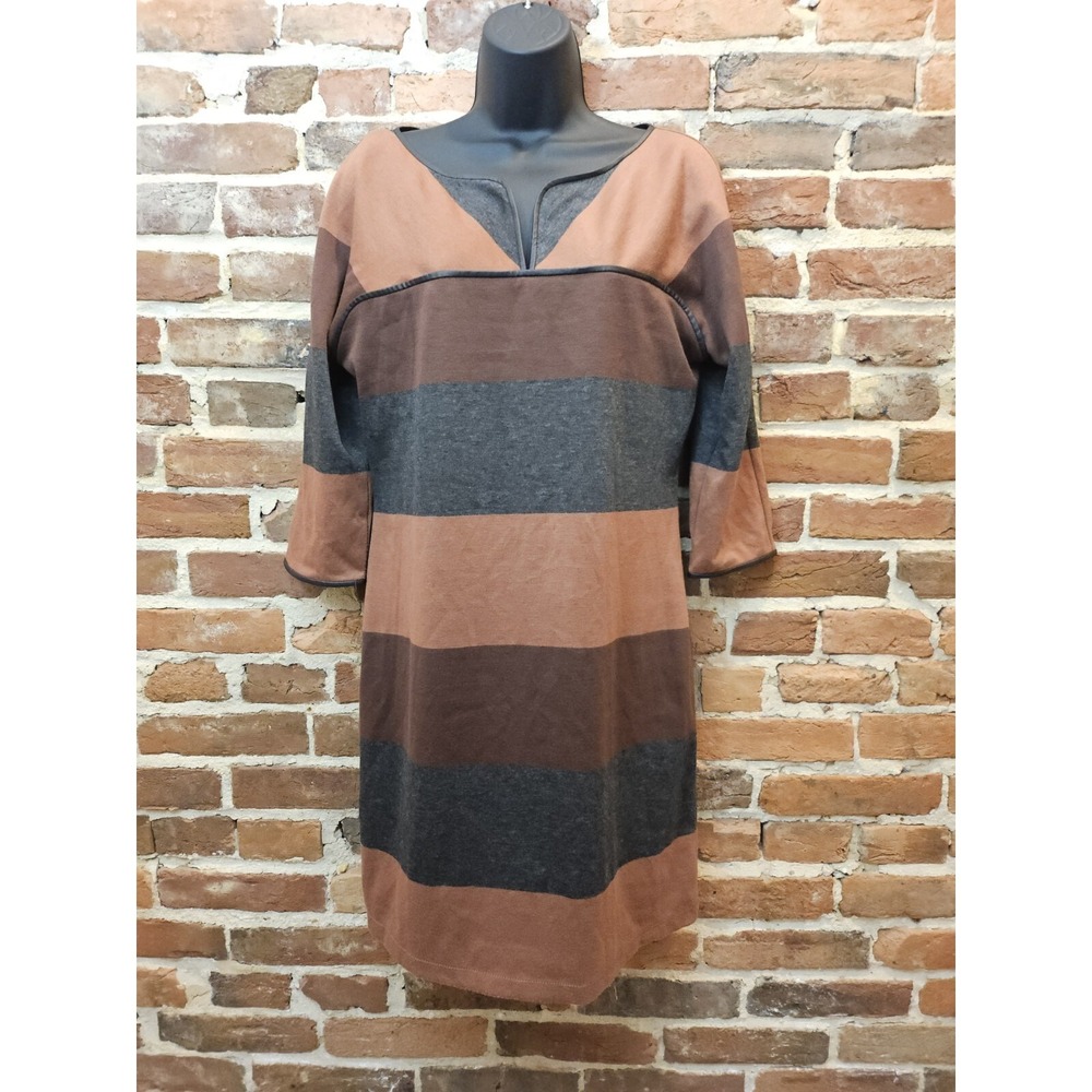 Anthropologie Nurture Dress Womens Brown Striped Knit Long V-Neck Size MEDIUM